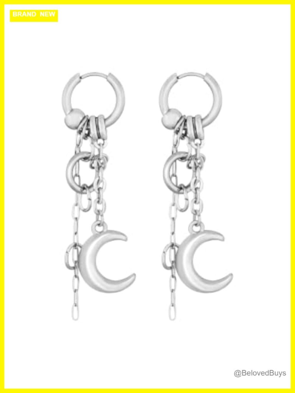 Silver-tone Crescent Moon Hoop Chain Earrings Gothic Emo Punk Grunge